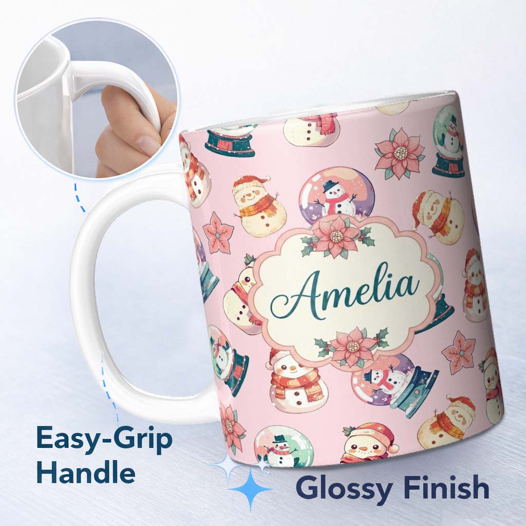 Personalized Custom Name Cute Snowman Snow Globe Poinsettia Flower Christmas Light Pink 11oz Ceramic Coffee Tea Mug White Large Handle