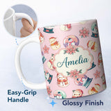 Personalized Custom Name Cute Snowman Snow Globe Poinsettia Flower Christmas Light Pink 11oz Ceramic Coffee Tea Mug White Large Handle