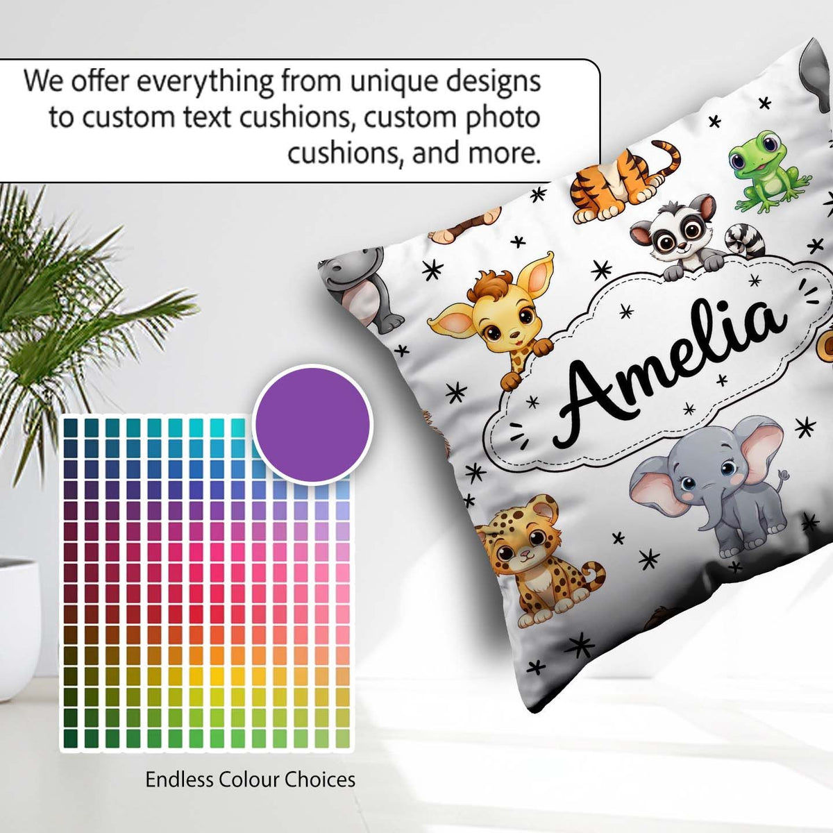Custom Name Jungle Baby Animals Lion Tiger Elephant Giraffe Grey Square Filled Cushion Throw Pillow Sofa Bed Home Decor Zip Washable UK Made