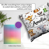 Custom Name Jungle Baby Animals Lion Tiger Elephant Giraffe Grey Square Filled Cushion Throw Pillow Sofa Bed Home Decor Zip Washable UK Made
