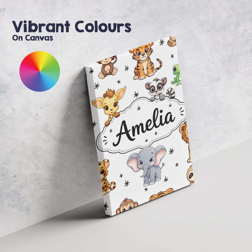 Personalised Name Cute Jungle Baby Animals Custom  Unique Gift Idea Elegant Feature Canvas Wall Art Print Decor Picture Ready to Hang