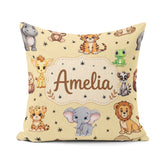Custom Name Jungle Baby Animals Lion Tiger Giraffe Pattern Beige Square Filled Cushion Throw Pillow Sofa Bed Home Decor Zip Washable UK Made
