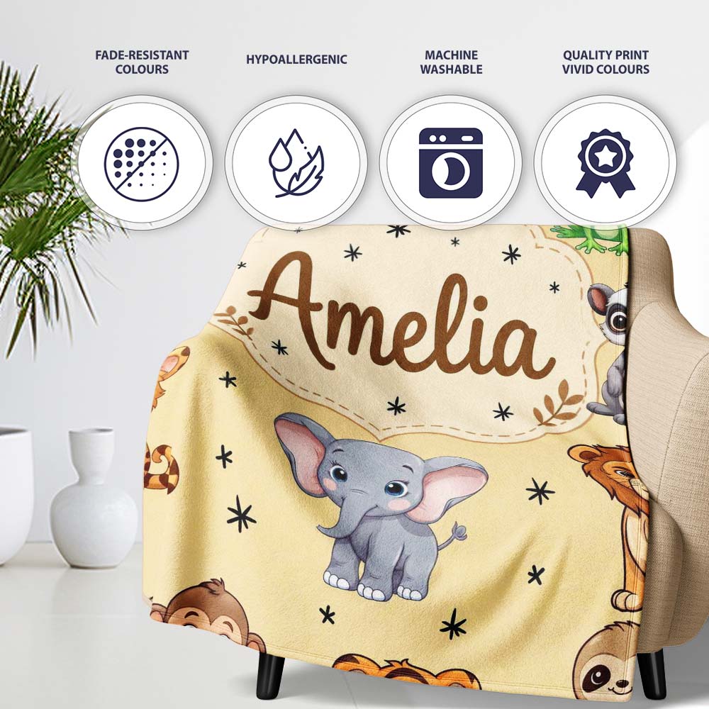 Cute Jungle Baby Animals Lion Tiger Elephant Giraffe Pattern Beige  Personalised Custom Name Super Soft Fleece Blanket Bed Sofa Throw