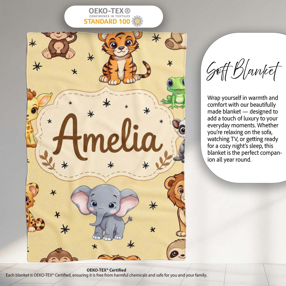 Cute Jungle Baby Animals Lion Tiger Elephant Giraffe Pattern Beige  Personalised Custom Name Super Soft Fleece Blanket Bed Sofa Throw