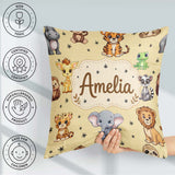 Custom Name Jungle Baby Animals Lion Tiger Giraffe Pattern Beige Square Filled Cushion Throw Pillow Sofa Bed Home Decor Zip Washable UK Made