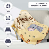 Cute Jungle Baby Animals Lion Tiger Elephant Giraffe Pattern Beige  Personalised Custom Name Super Soft Fleece Blanket Bed Sofa Throw