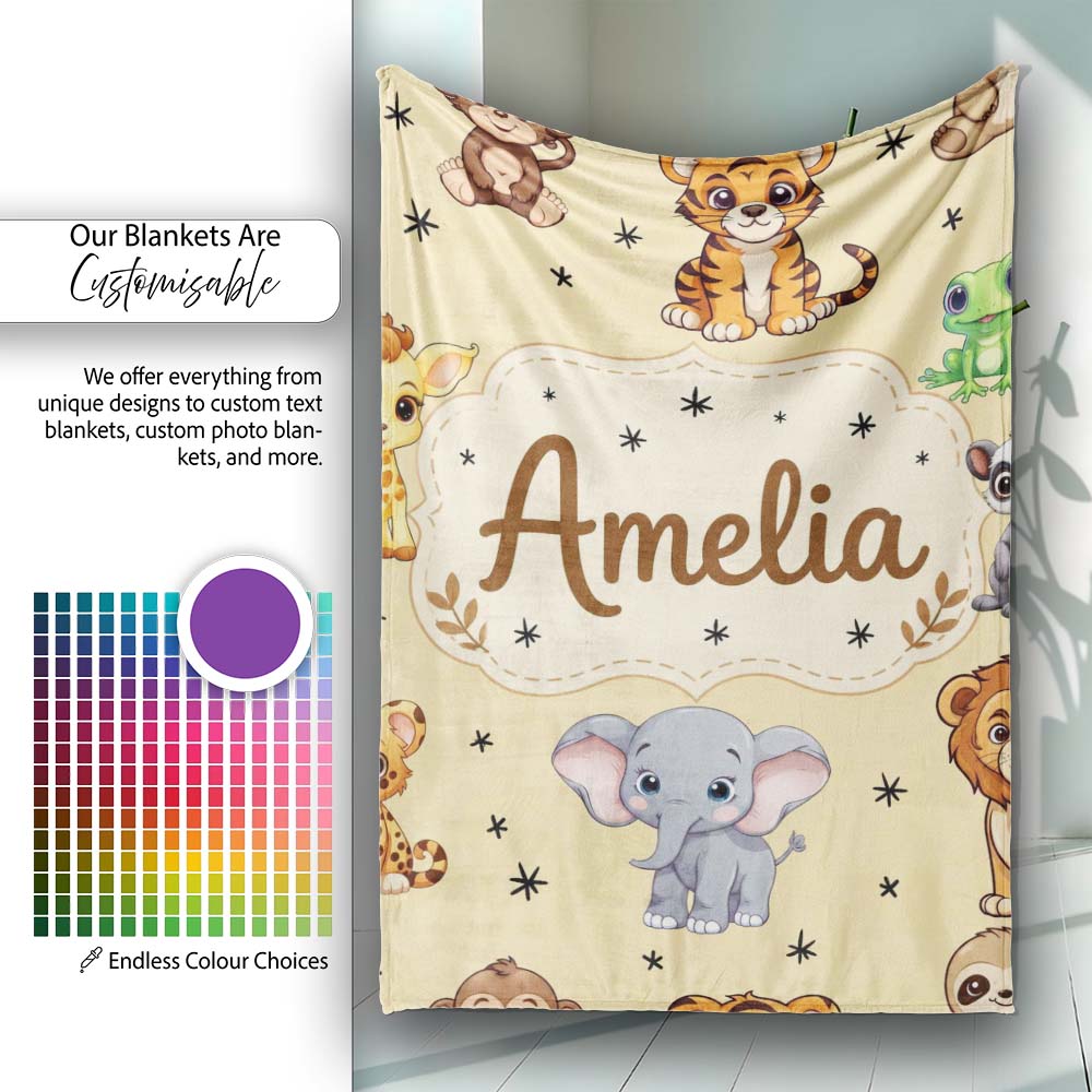 Cute Jungle Baby Animals Lion Tiger Elephant Giraffe Pattern Beige  Personalised Custom Name Super Soft Fleece Blanket Bed Sofa Throw
