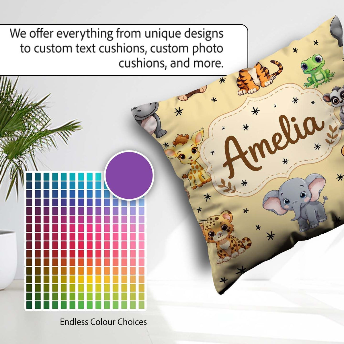 Custom Name Jungle Baby Animals Lion Tiger Giraffe Pattern Beige Square Filled Cushion Throw Pillow Sofa Bed Home Decor Zip Washable UK Made