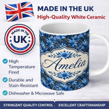 Personalized Custom Name Blue Floral Botanical Dense Garden Seamless Pattern Cute Unique Gift 11oz Ceramic Coffee Tea Mug White Large Handle