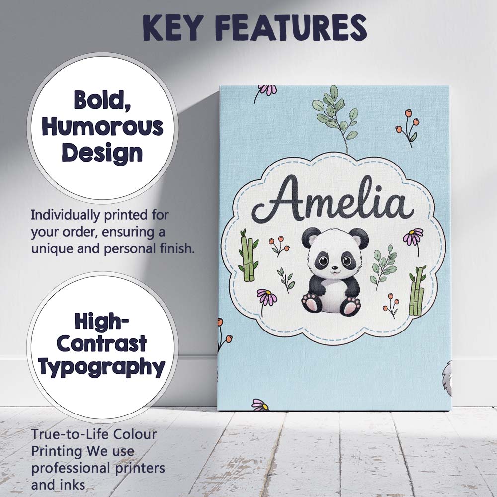 Personalised Name Cute Panda Bear with Custom  Modern Room Accent Elegant Feature Canvas Wall Art Print Decor Picture Ready to Hang
