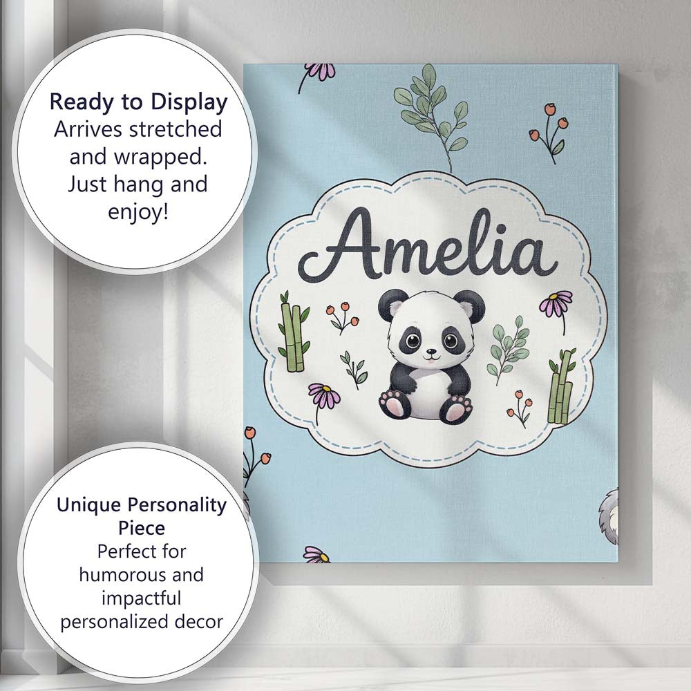 Personalised Name Cute Panda Bear with Custom  Modern Room Accent Elegant Feature Canvas Wall Art Print Decor Picture Ready to Hang