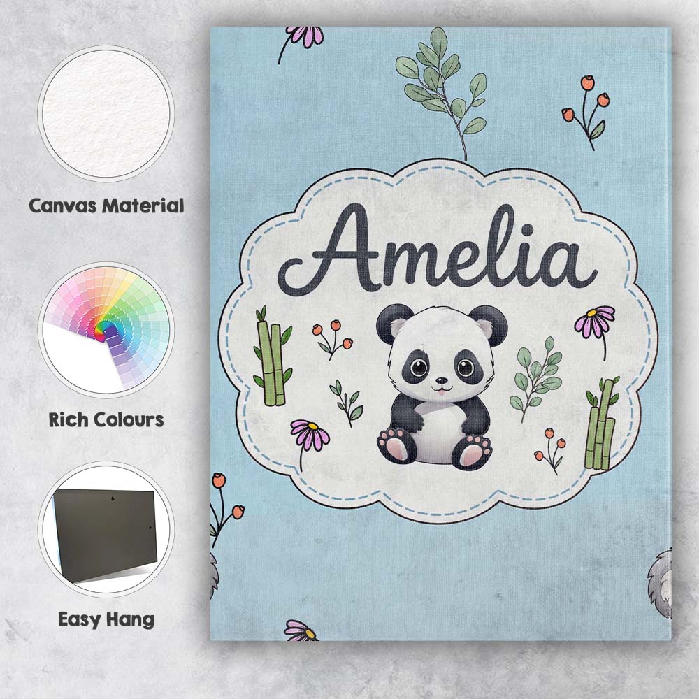Personalised Name Cute Panda Bear with Custom  Modern Room Accent Elegant Feature Canvas Wall Art Print Decor Picture Ready to Hang
