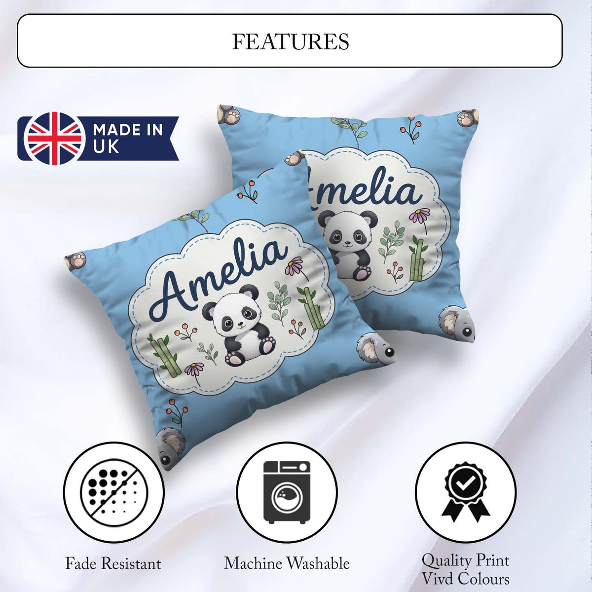 Custom Name Cute Panda Bear with Bamboo Leaves Seamless Sky Blue Square Filled Cushion Throw Pillow Sofa Bed Home Decor Zip Washable UK Made