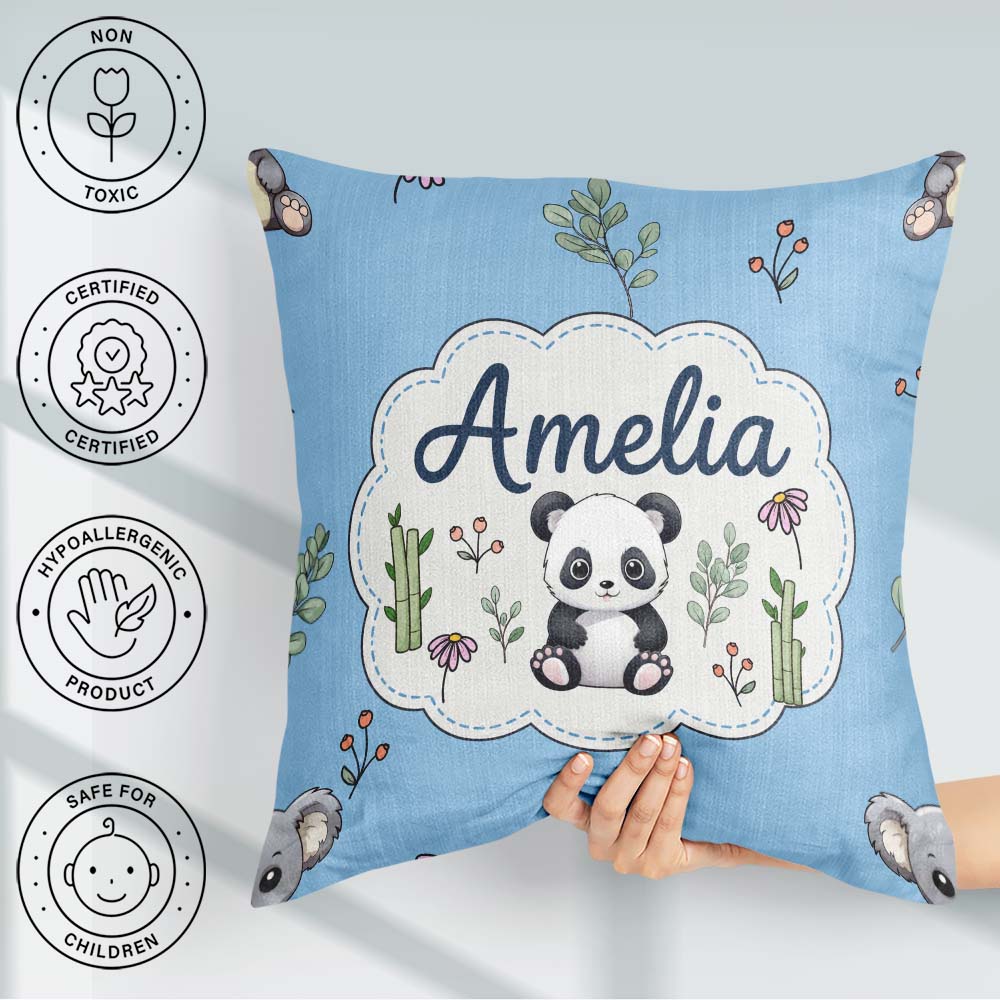 Custom Name Cute Panda Bear with Bamboo Leaves Seamless Sky Blue Square Filled Cushion Throw Pillow Sofa Bed Home Decor Zip Washable UK Made