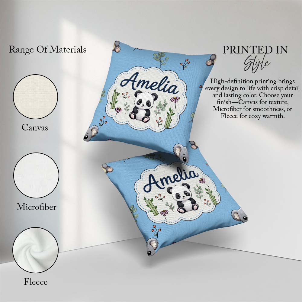 Custom Name Cute Panda Bear with Bamboo Leaves Seamless Sky Blue Square Filled Cushion Throw Pillow Sofa Bed Home Decor Zip Washable UK Made