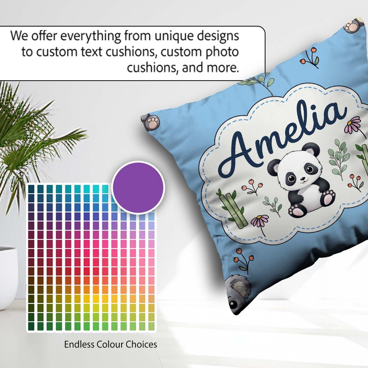 Custom Name Cute Panda Bear with Bamboo Leaves Seamless Sky Blue Square Filled Cushion Throw Pillow Sofa Bed Home Decor Zip Washable UK Made