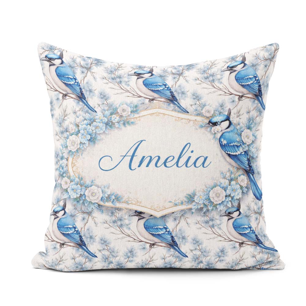 Custom Name Blue Jay Bird Floral Blossom Seamless Pattern Nature Square Filled Cushion Throw Pillow Sofa Bed Home Decor Zip Washable UK Made