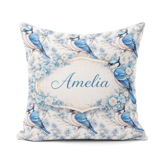 Custom Name Blue Jay Bird Floral Blossom Seamless Pattern Nature Square Filled Cushion Throw Pillow Sofa Bed Home Decor Zip Washable UK Made
