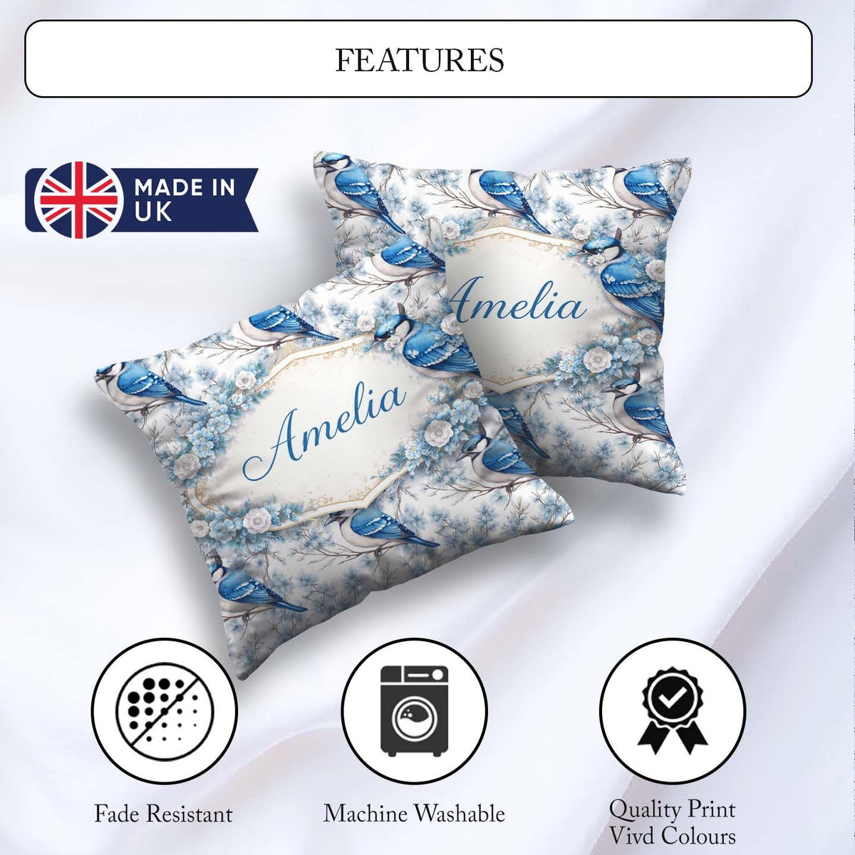 Custom Name Blue Jay Bird Floral Blossom Seamless Pattern Nature Square Filled Cushion Throw Pillow Sofa Bed Home Decor Zip Washable UK Made