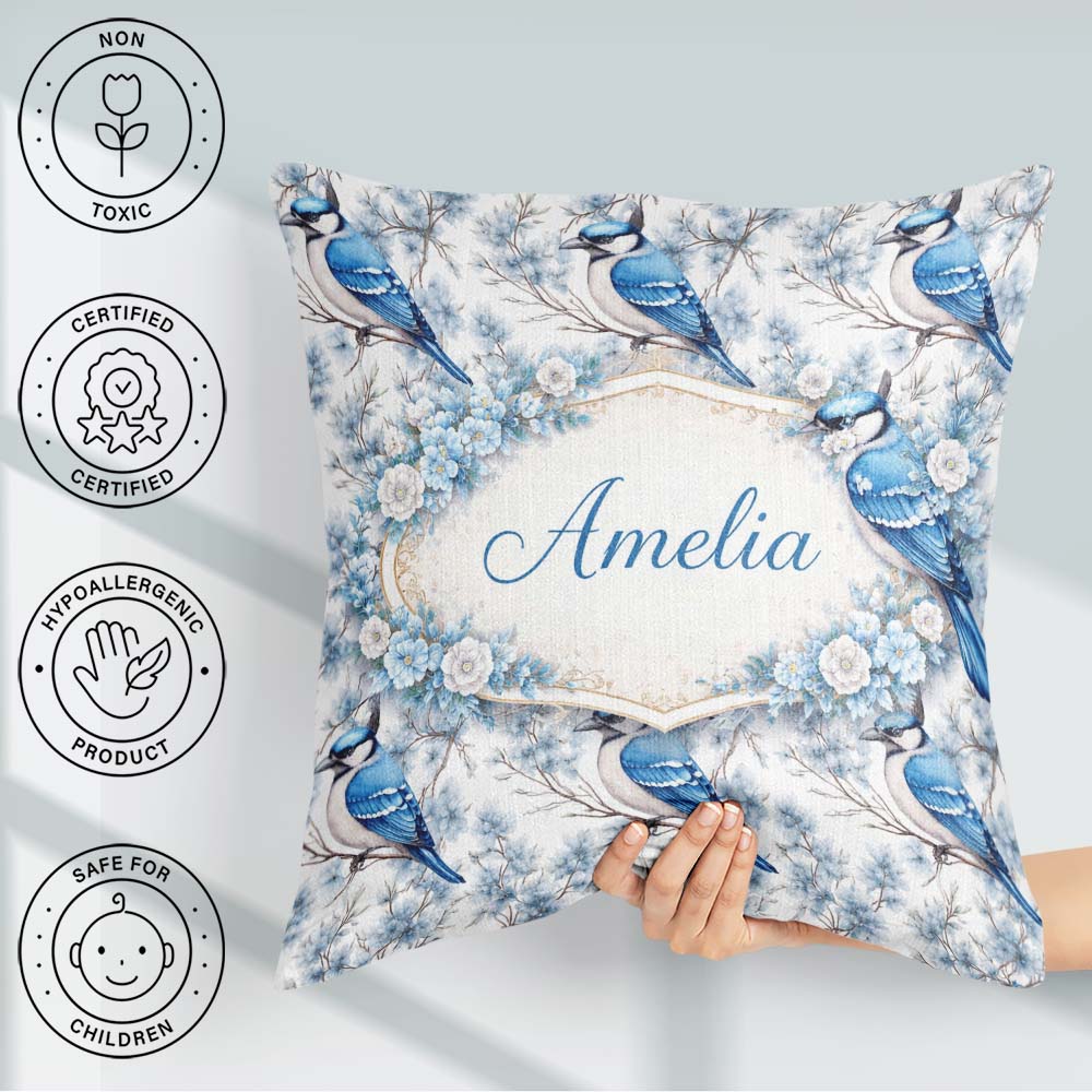 Custom Name Blue Jay Bird Floral Blossom Seamless Pattern Nature Square Filled Cushion Throw Pillow Sofa Bed Home Decor Zip Washable UK Made
