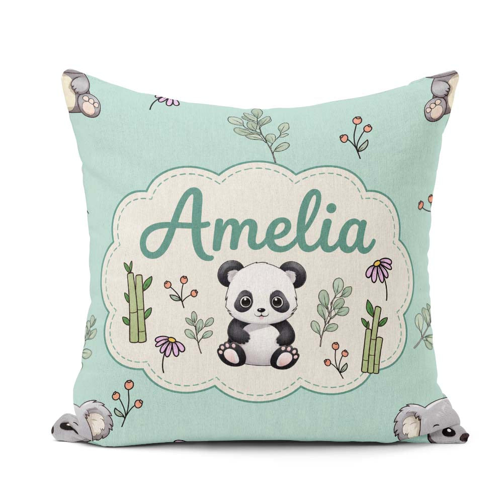 Custom Name Bear with Bamboo Leaves Floral Seamless Pattern Teal Square Filled Cushion Throw Pillow Sofa Bed Home Decor Zip Washable UK Made