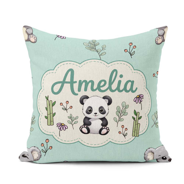 Custom Name Bear with Bamboo Leaves Floral Seamless Pattern Teal Square Filled Cushion Throw Pillow Sofa Bed Home Decor Zip Washable UK Made