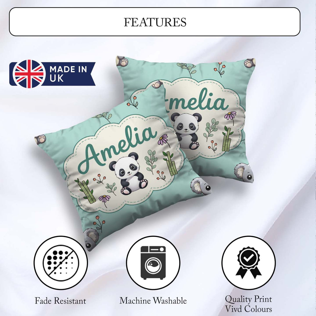 Custom Name Bear with Bamboo Leaves Floral Seamless Pattern Teal Square Filled Cushion Throw Pillow Sofa Bed Home Decor Zip Washable UK Made