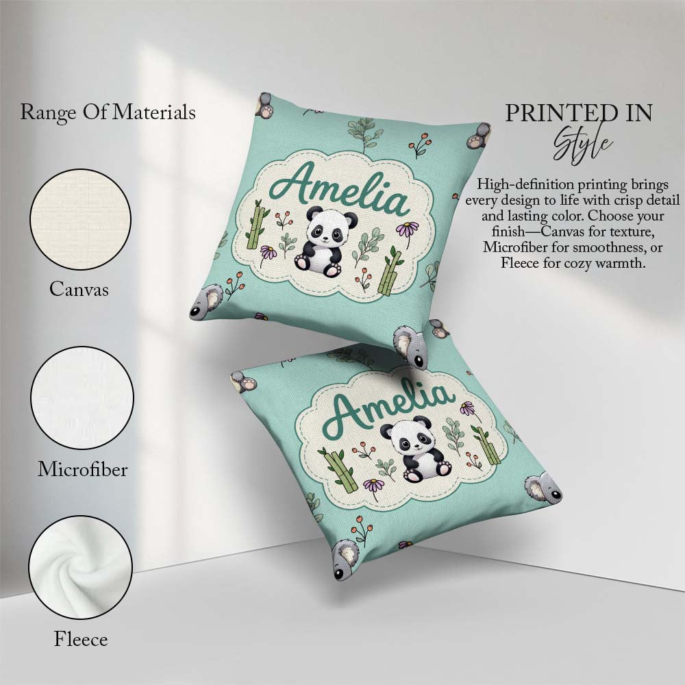 Custom Name Bear with Bamboo Leaves Floral Seamless Pattern Teal Square Filled Cushion Throw Pillow Sofa Bed Home Decor Zip Washable UK Made