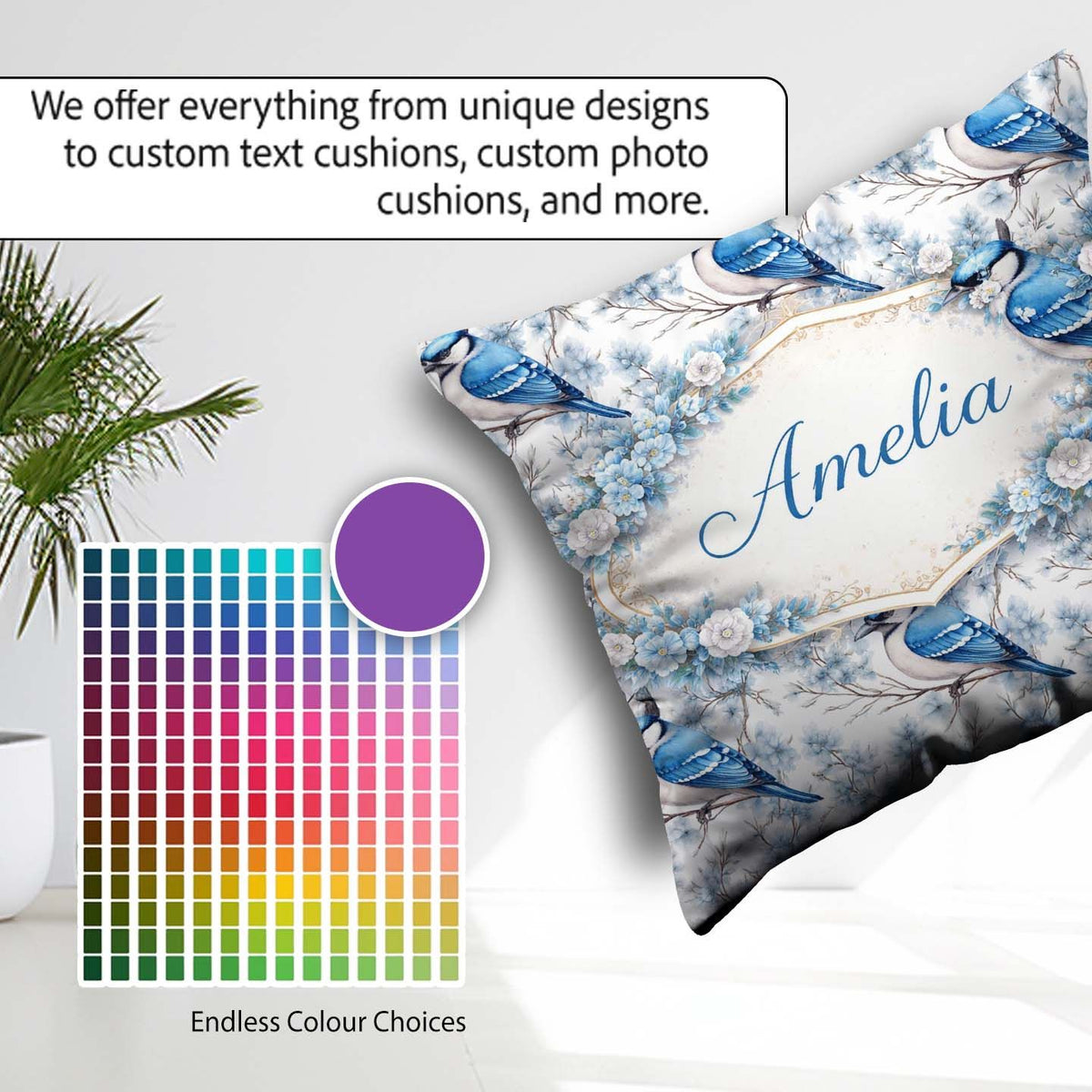 Custom Name Blue Jay Bird Floral Blossom Seamless Pattern Nature Square Filled Cushion Throw Pillow Sofa Bed Home Decor Zip Washable UK Made