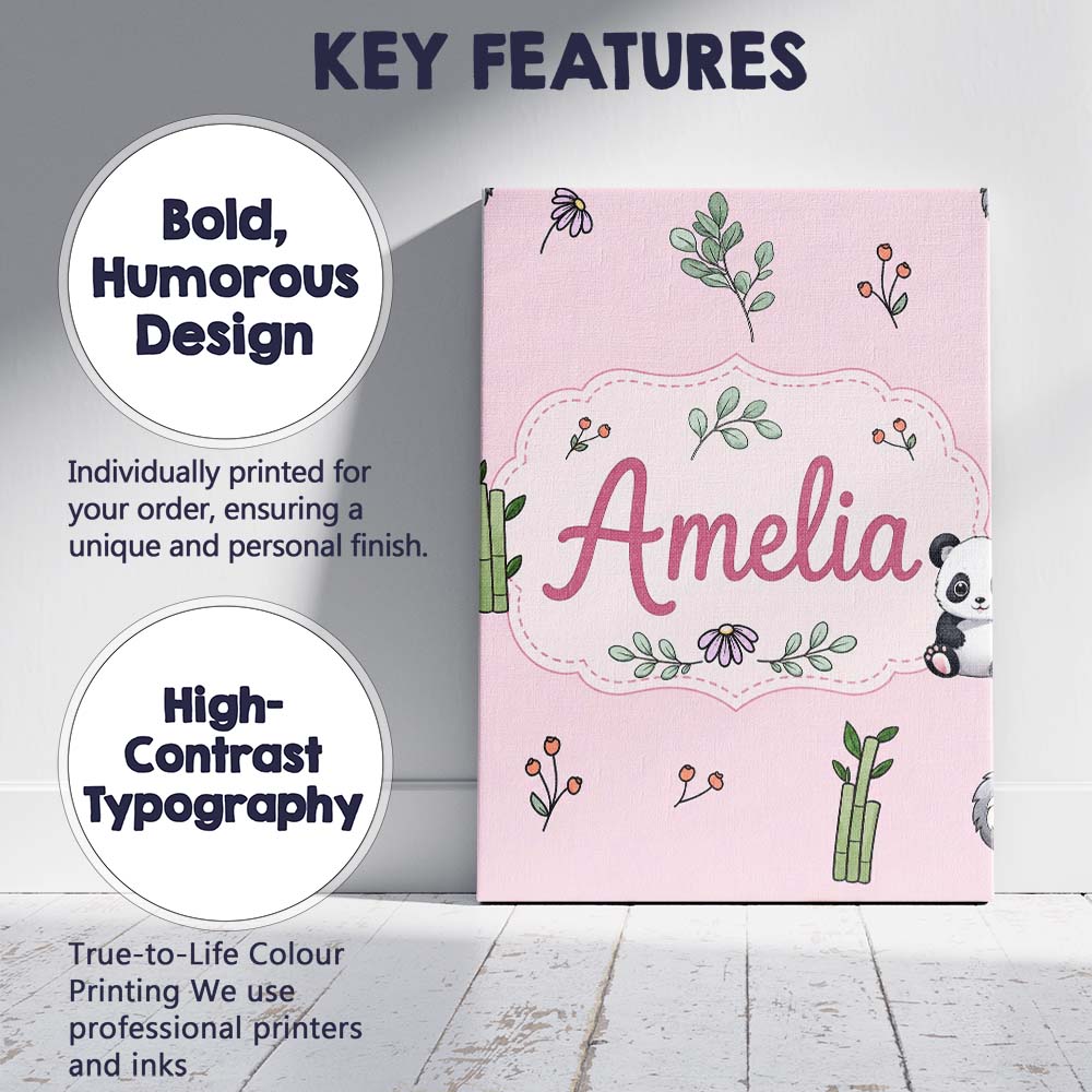 Personalised Name Cute Panda Bear with Custom  Modern Room Accent Elegant Feature Canvas Wall Art Print Decor Picture Ready to Hang