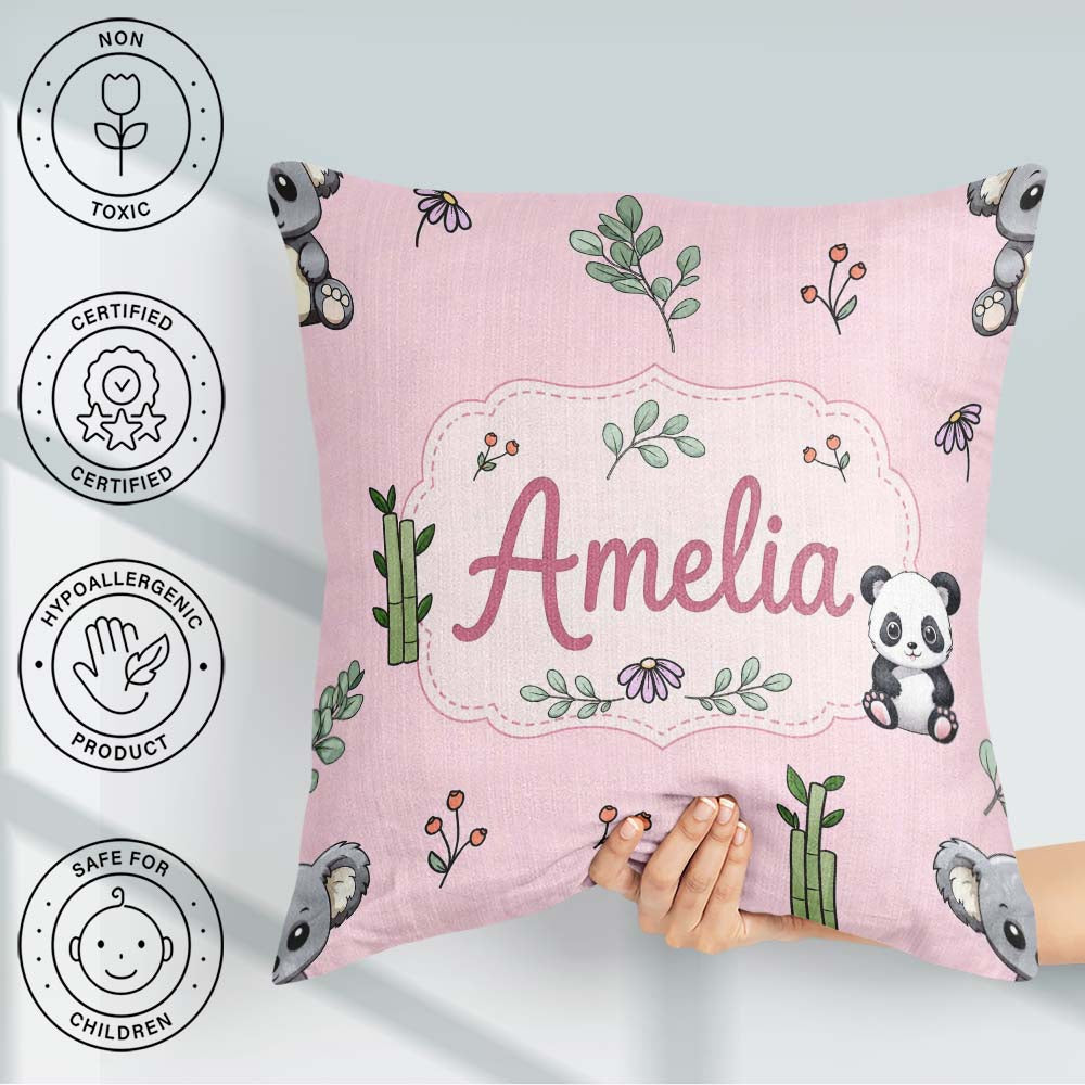Custom Name Cute Panda Bear with Bamboo Leaves Floral Blush Pink Square Filled Cushion Throw Pillow Sofa Bed Home Decor Zip Washable UK Made