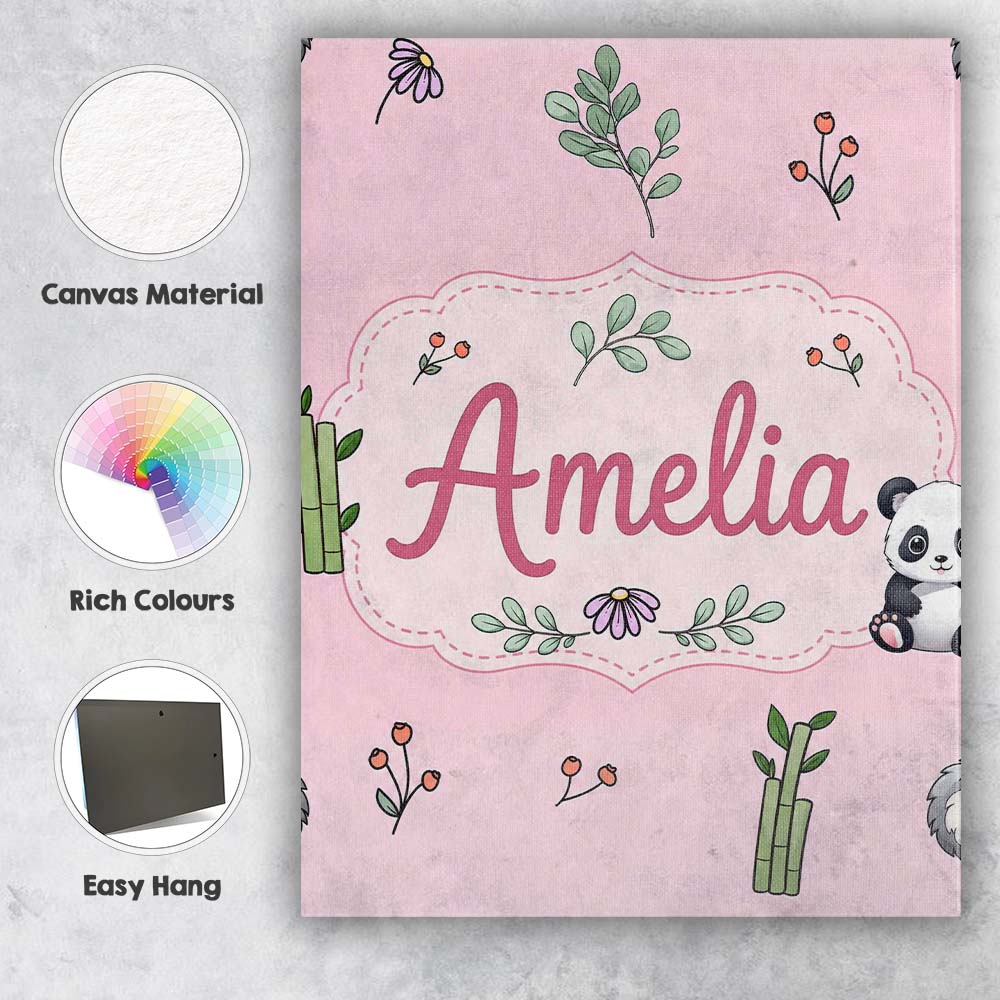 Personalised Name Cute Panda Bear with Custom  Modern Room Accent Elegant Feature Canvas Wall Art Print Decor Picture Ready to Hang