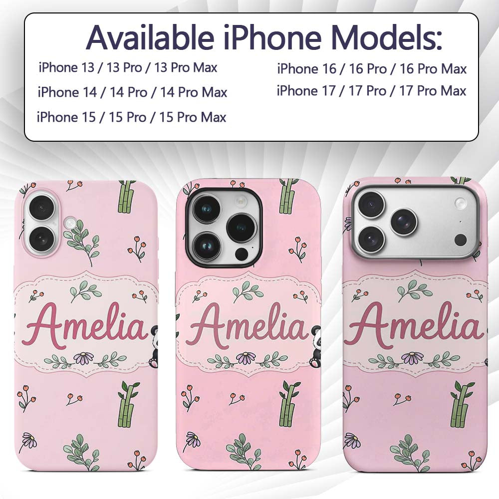 Cute Panda Bear with Bamboo Leaves Floral Pattern Custom Name Protective Phone Case Mobile Cover Durable Everyday Smartphone Shock Resistant