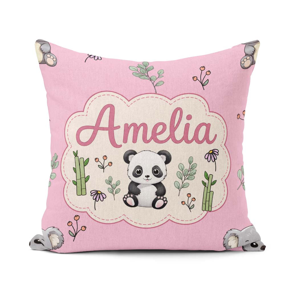 Custom Name Cute Panda Bear with Bamboo Leaves Pattern Soft Pink Square Filled Cushion Throw Pillow Sofa Bed Home Decor Zip Washable UK Made