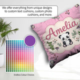 Custom Name Cute Panda Bear with Bamboo Leaves Pattern Soft Pink Square Filled Cushion Throw Pillow Sofa Bed Home Decor Zip Washable UK Made