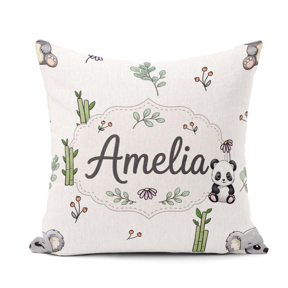 Custom Name Cute Panda Bear with Bamboo Leaves Floral Light Grey Square Filled Cushion Throw Pillow Sofa Bed Home Decor Zip Washable UK Made