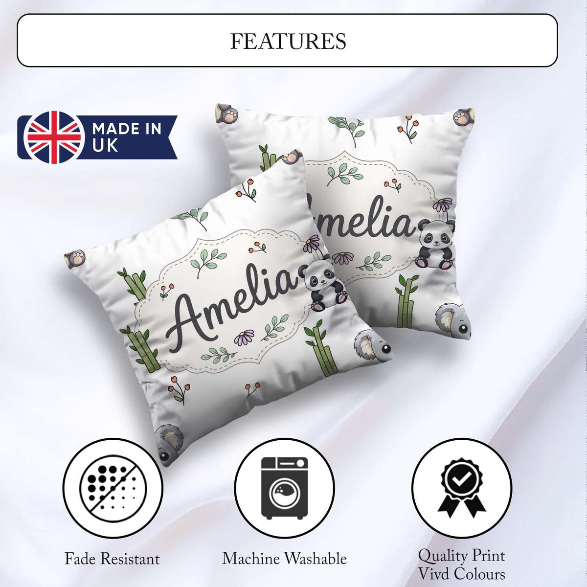 Custom Name Cute Panda Bear with Bamboo Leaves Floral Light Grey Square Filled Cushion Throw Pillow Sofa Bed Home Decor Zip Washable UK Made