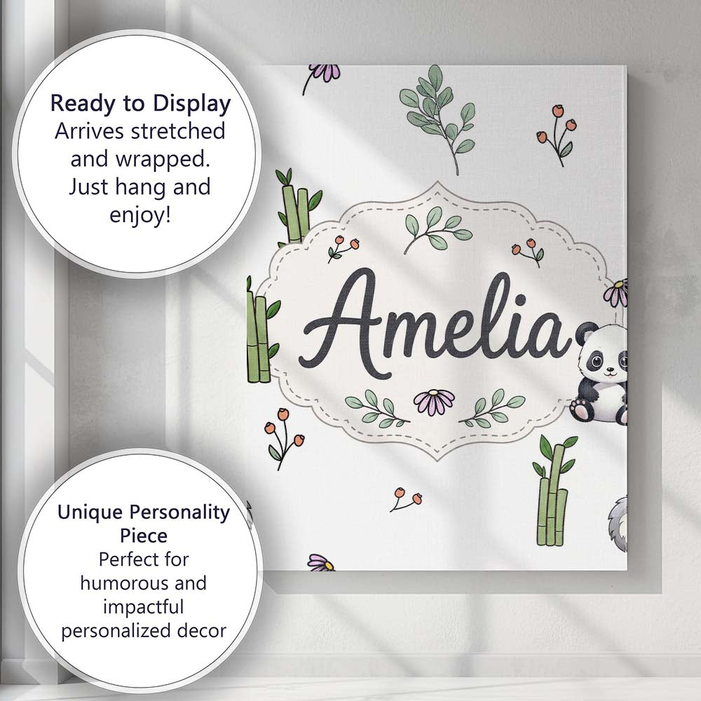 Personalised Name Cute Panda Bear with Custom  Modern Room Accent Elegant Feature Canvas Wall Art Print Decor Picture Ready to Hang