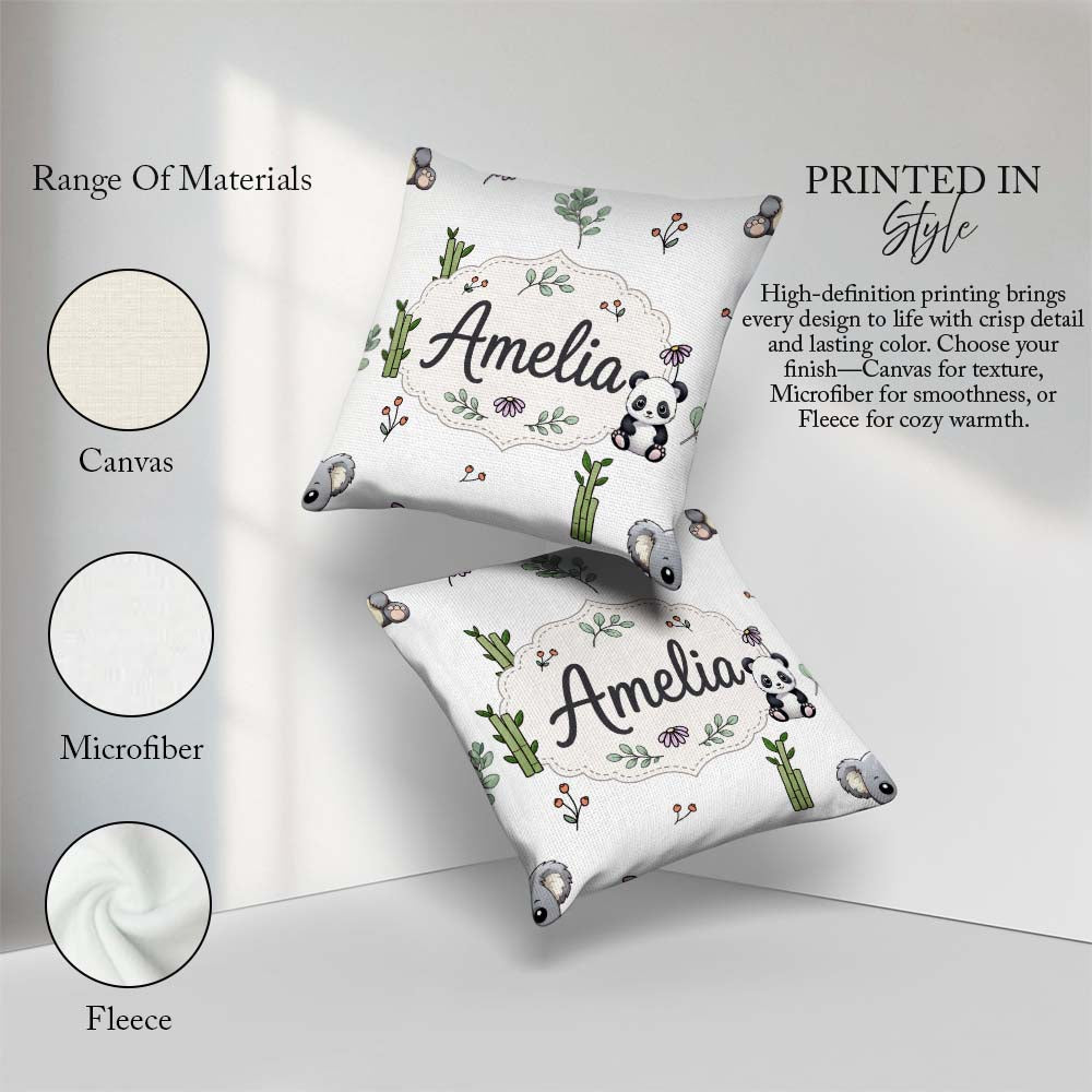 Custom Name Cute Panda Bear with Bamboo Leaves Floral Light Grey Square Filled Cushion Throw Pillow Sofa Bed Home Decor Zip Washable UK Made