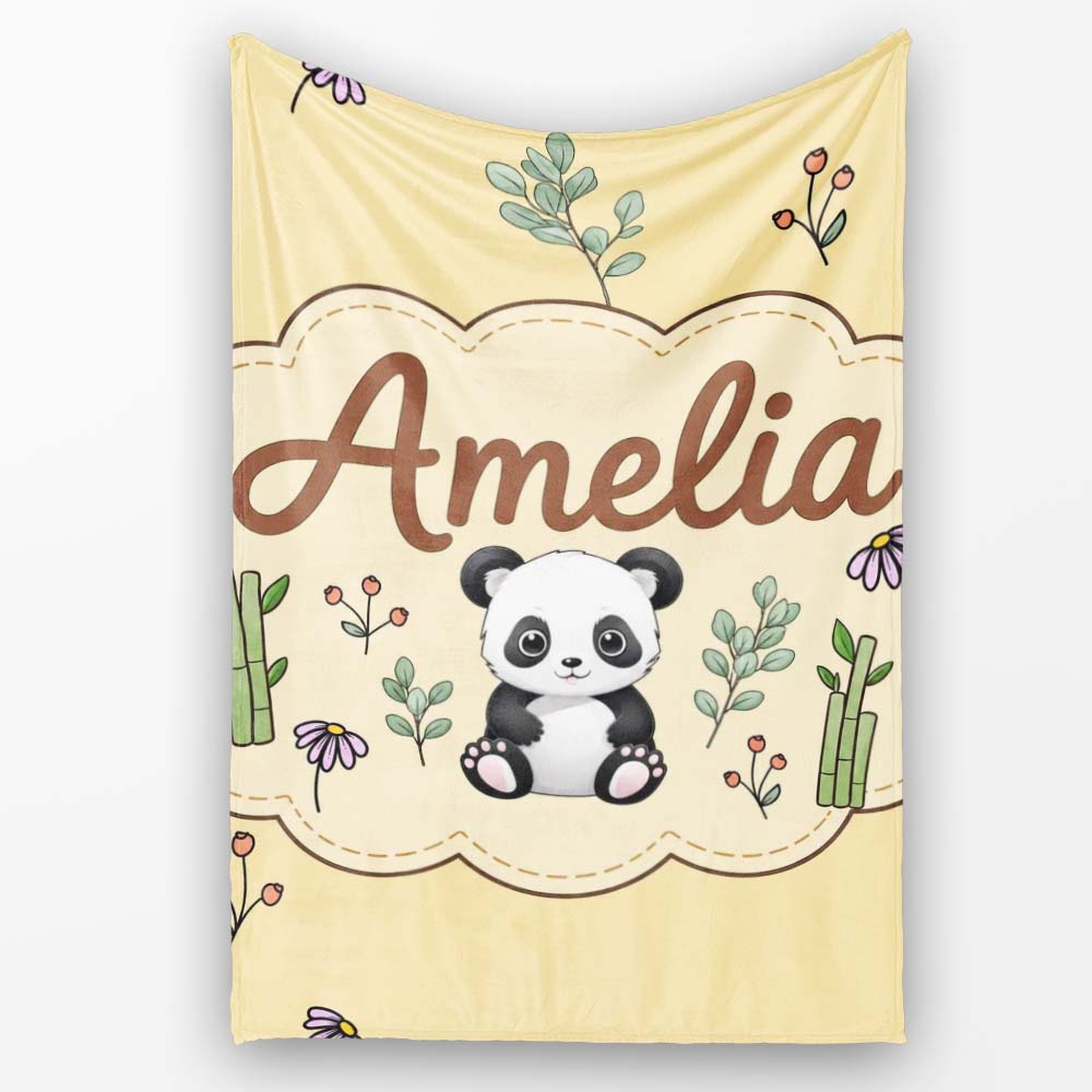 Cute Panda Bear with Bamboo Leaves Floral Pattern Warm Beige Lovely  Personalised Custom Name Super Soft Fleece Blanket Bed Sofa Throw
