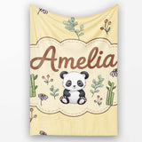 Cute Panda Bear with Bamboo Leaves Floral Pattern Warm Beige Lovely  Personalised Custom Name Super Soft Fleece Blanket Bed Sofa Throw