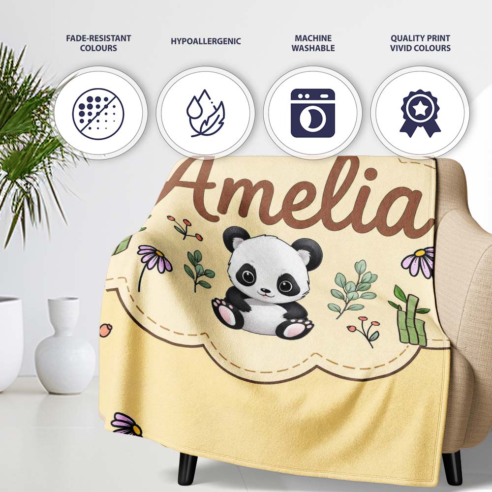 Cute Panda Bear with Bamboo Leaves Floral Pattern Warm Beige Lovely  Personalised Custom Name Super Soft Fleece Blanket Bed Sofa Throw