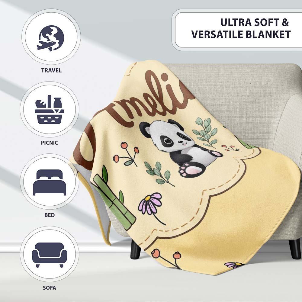 Cute Panda Bear with Bamboo Leaves Floral Pattern Warm Beige Lovely  Personalised Custom Name Super Soft Fleece Blanket Bed Sofa Throw