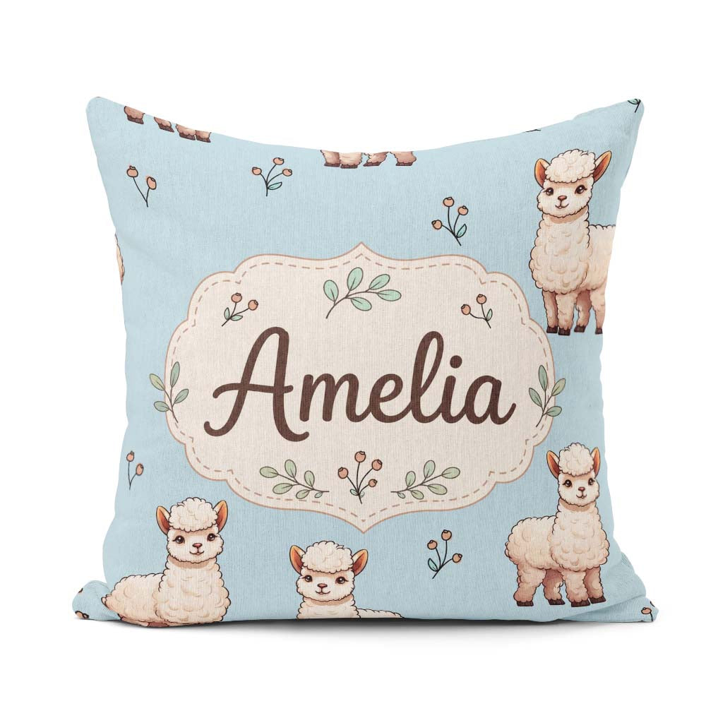Custom Name Cute Alpaca Llama Farm Animals Seamless Pattern Blue Square Filled Cushion Throw Pillow Sofa Bed Home Decor Zip Washable UK Made