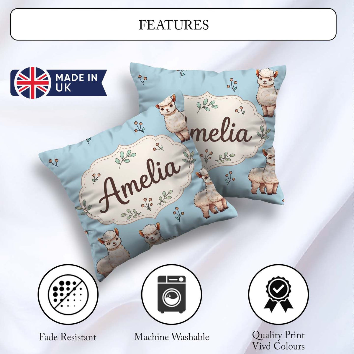 Custom Name Cute Alpaca Llama Farm Animals Seamless Pattern Blue Square Filled Cushion Throw Pillow Sofa Bed Home Decor Zip Washable UK Made
