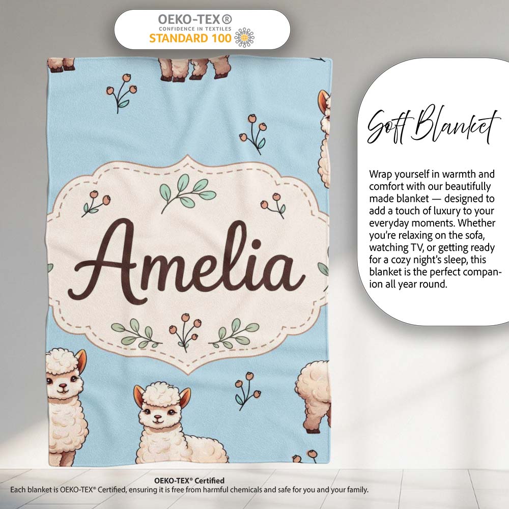 Cute Alpaca Llama Farm Animals Floral Seamless Pattern Blue Lovely  Personalised Custom Name Super Soft Fleece Blanket Bed Sofa Throw