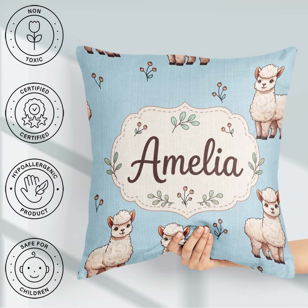 Custom Name Cute Alpaca Llama Farm Animals Seamless Pattern Blue Square Filled Cushion Throw Pillow Sofa Bed Home Decor Zip Washable UK Made