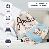 Cute Alpaca Llama Farm Animals Floral Seamless Pattern Blue Lovely  Personalised Custom Name Super Soft Fleece Blanket Bed Sofa Throw