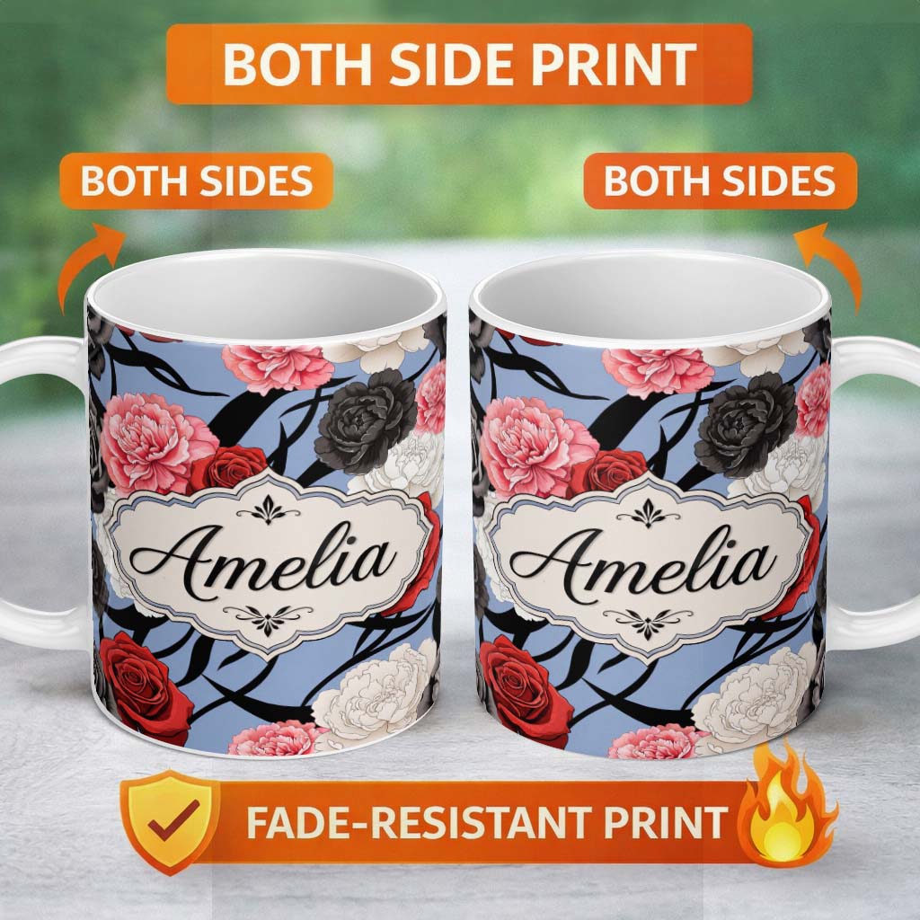 Personalized Custom Name Elegant Rose Floral with Black Red and White Flowers on Dusty Blue 11oz Ceramic Coffee Tea Mug White Large Handle