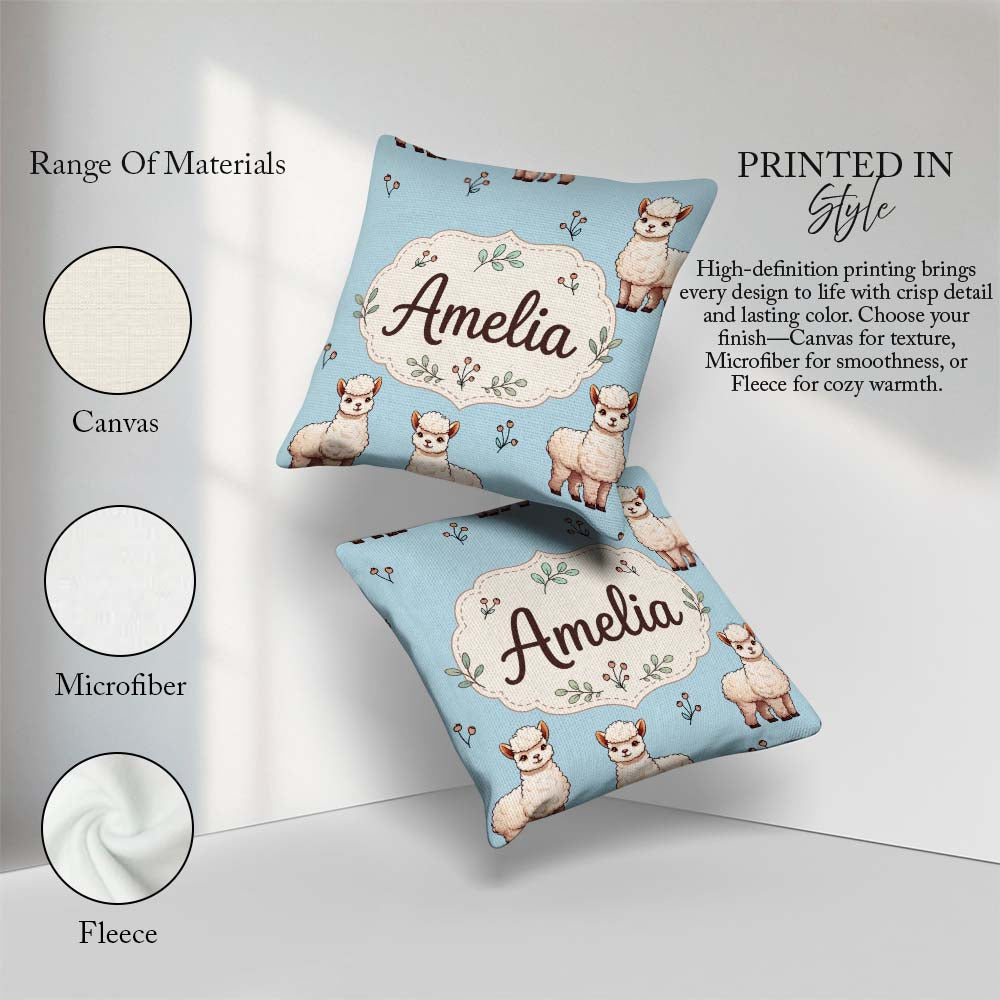 Custom Name Cute Alpaca Llama Farm Animals Seamless Pattern Blue Square Filled Cushion Throw Pillow Sofa Bed Home Decor Zip Washable UK Made